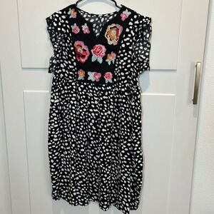 Womens Black White Dot Floral Embroidered V Neck Dress Size L Boho Casual‎ Flowy